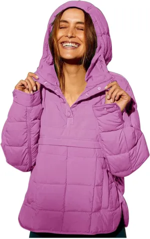 Women's Quilted Pullover Puffer Jacket Hooded Oversize Coat Tops Winter Warm Padded Hoodies Outwear with Pockets