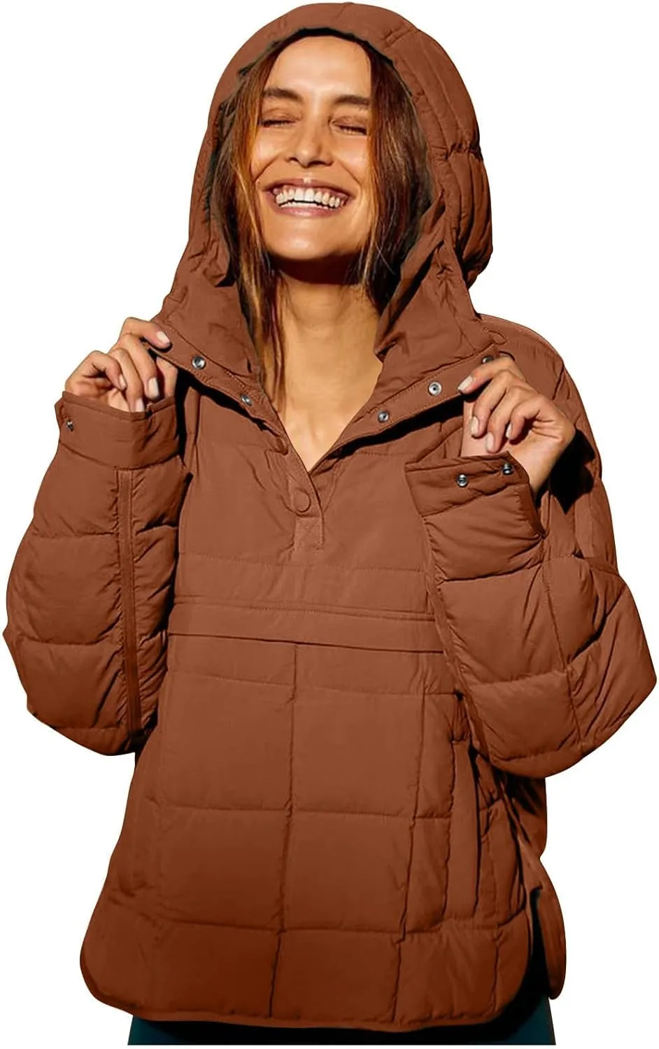 Women's Quilted Pullover Puffer Jacket Hooded Oversize Coat Tops Winter Warm Padded Hoodies Outwear with Pockets