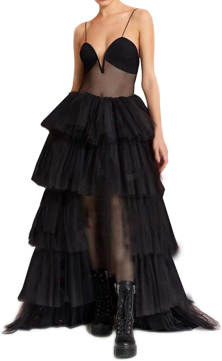 Women's Rave Skirt High Low Layered Mesh Tutu Tulle Long Skirts Elastic Waist Festival Party Wedding Dress Bottoms (Black, One Size)