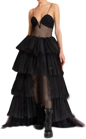 Women's Rave Skirt High Low Layered Mesh Tutu Tulle Long Skirts Elastic Waist Festival Party Wedding Dress Bottoms (Black, One Size)