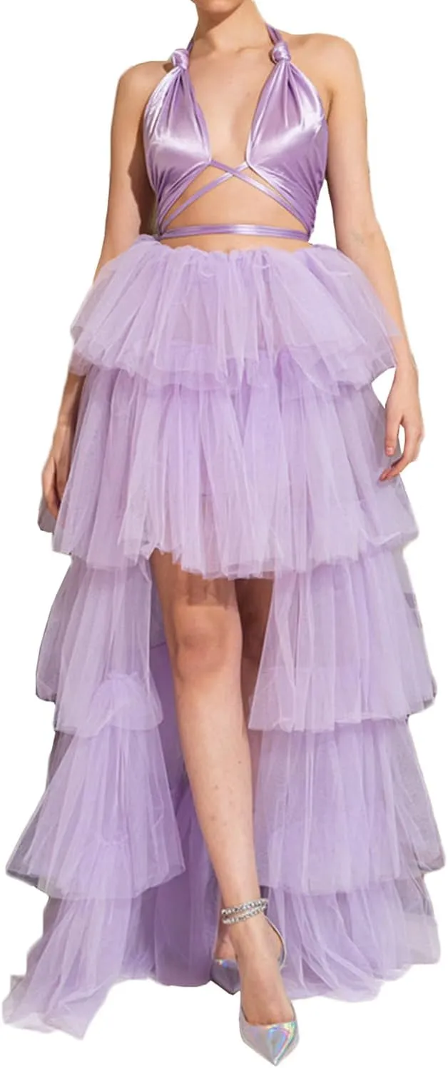 Women's Rave Skirt High Low Layered Mesh Tutu Tulle Long Skirts Elastic Waist Festival Party Wedding Dress Bottoms (Purple, One Size)