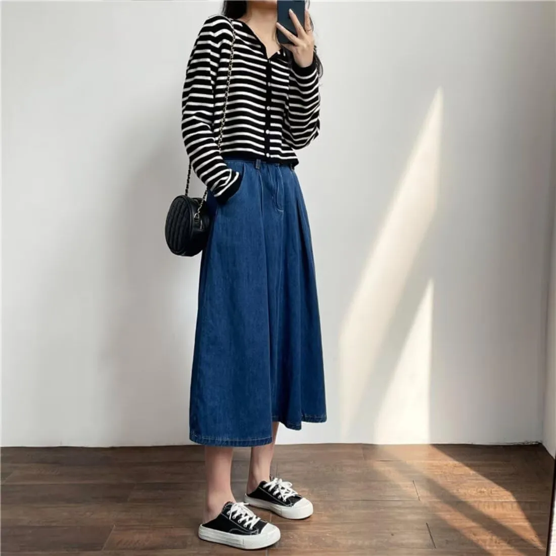 Women's Retro Denim Skirt High Waist Elastic Casual A-Line Midi Spring Summer Skirt with Pockets