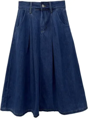 Women's Retro Denim Skirt High Waist Elastic Casual A-Line Midi Spring Summer Skirt with Pockets