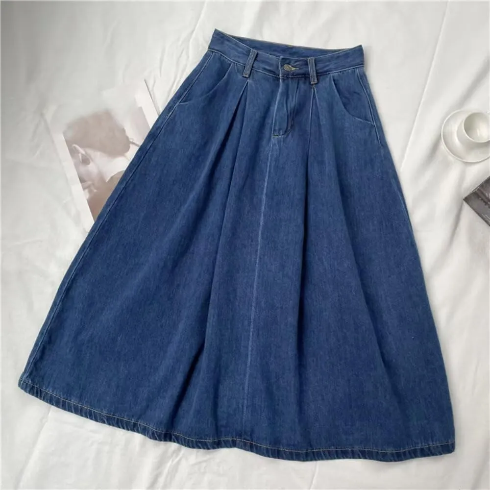 Women's Retro Denim Skirt High Waist Elastic Casual A-Line Midi Spring Summer Skirt with Pockets