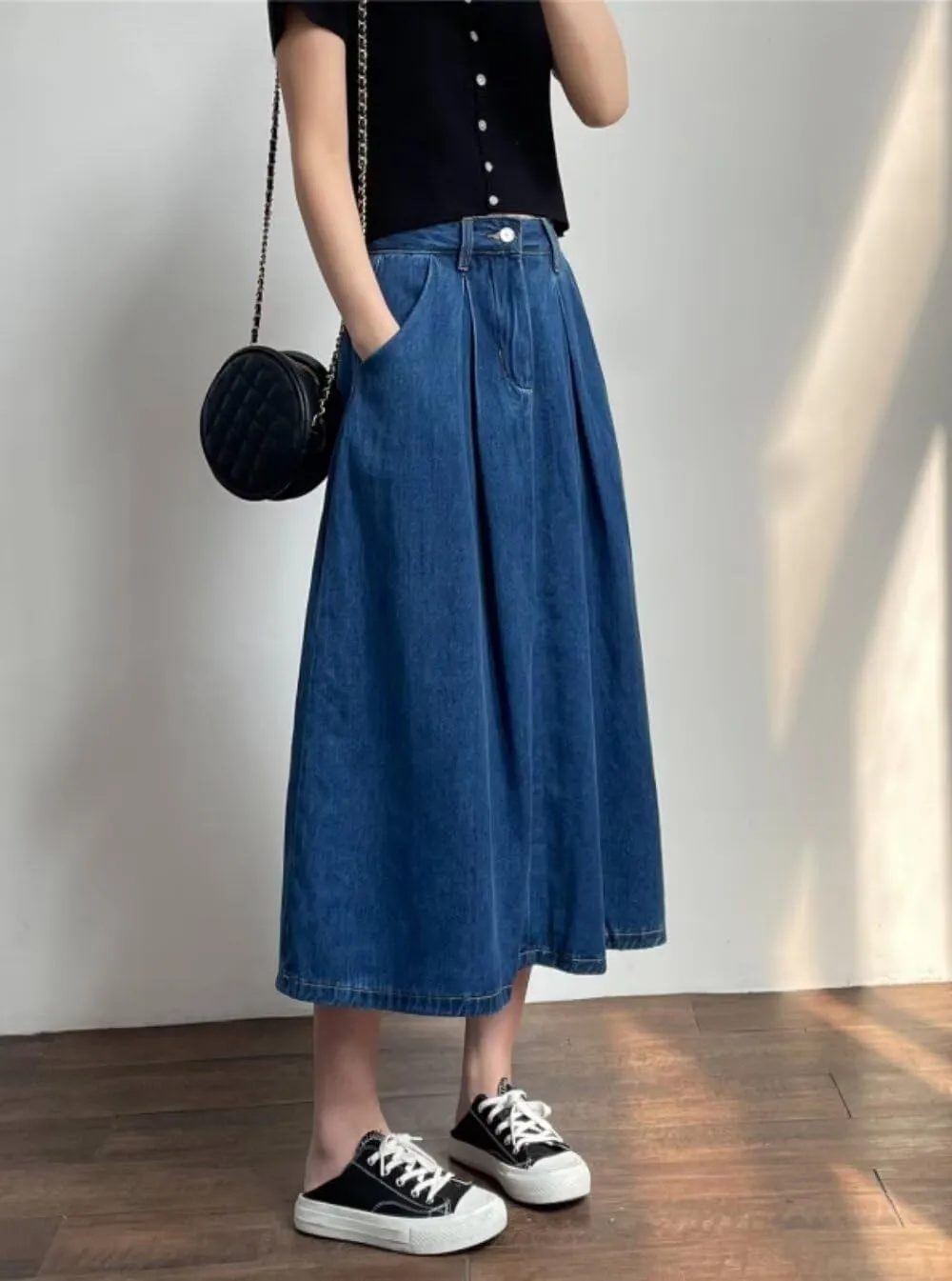 Women's Retro Denim Skirt High Waist Elastic Casual A-Line Midi Spring Summer Skirt with Pockets