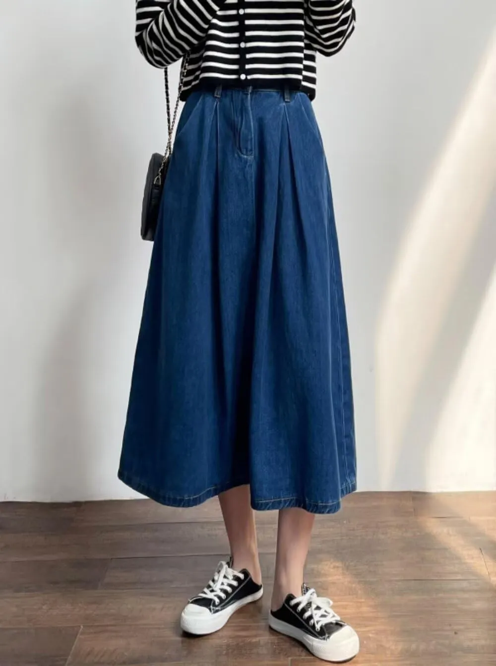 Women's Retro Denim Skirt High Waist Elastic Casual A-Line Midi Spring Summer Skirt with Pockets