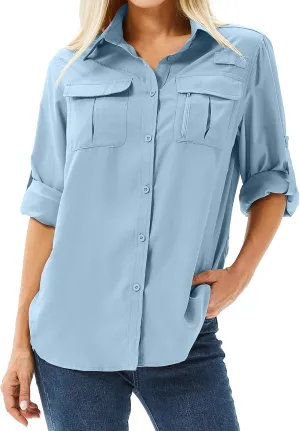Women's Safari Shirts Long Sleeve Hiking Fishing UV Sun Protection UPF 50 ,Quick Dry SPF Breathable Shirts