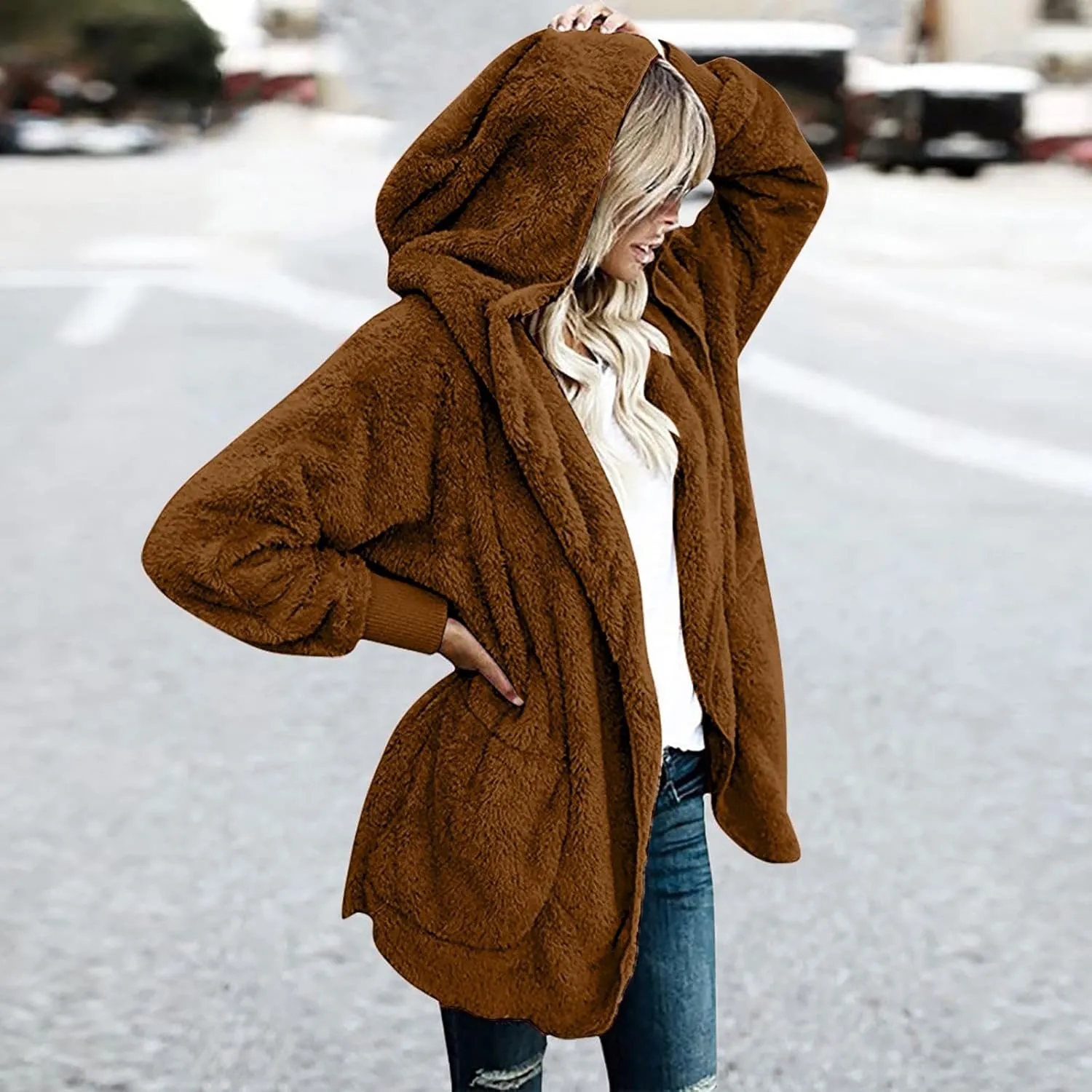 Womens Sherpa Jacket Comfy Fleece Hoodies Fuzzy Jacket Oversized Open Front Cardigan Teddy Coat Outerwear with Pocket