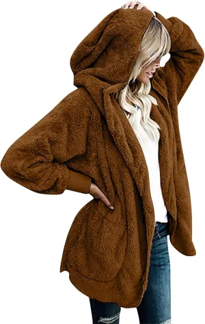 Womens Sherpa Jacket Comfy Fleece Hoodies Fuzzy Jacket Oversized Open Front Cardigan Teddy Coat Outerwear with Pocket