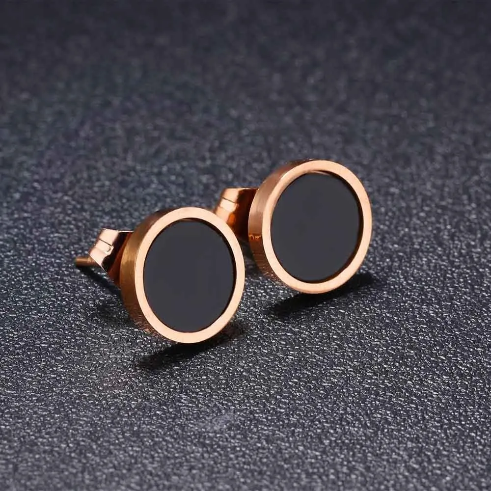 Women's Silver Tone Stainless Steel Minimalist Black Circle Stud Earrings, Geometric Round Design