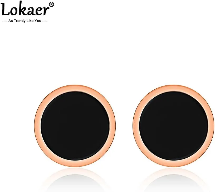 Women's Silver Tone Stainless Steel Minimalist Black Circle Stud Earrings, Geometric Round Design