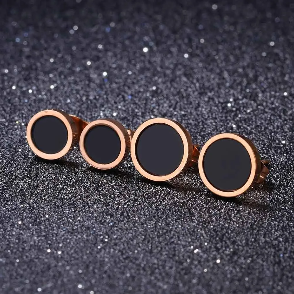 Women's Silver Tone Stainless Steel Minimalist Black Circle Stud Earrings, Geometric Round Design