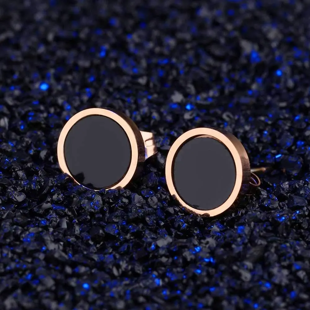 Women's Silver Tone Stainless Steel Minimalist Black Circle Stud Earrings, Geometric Round Design
