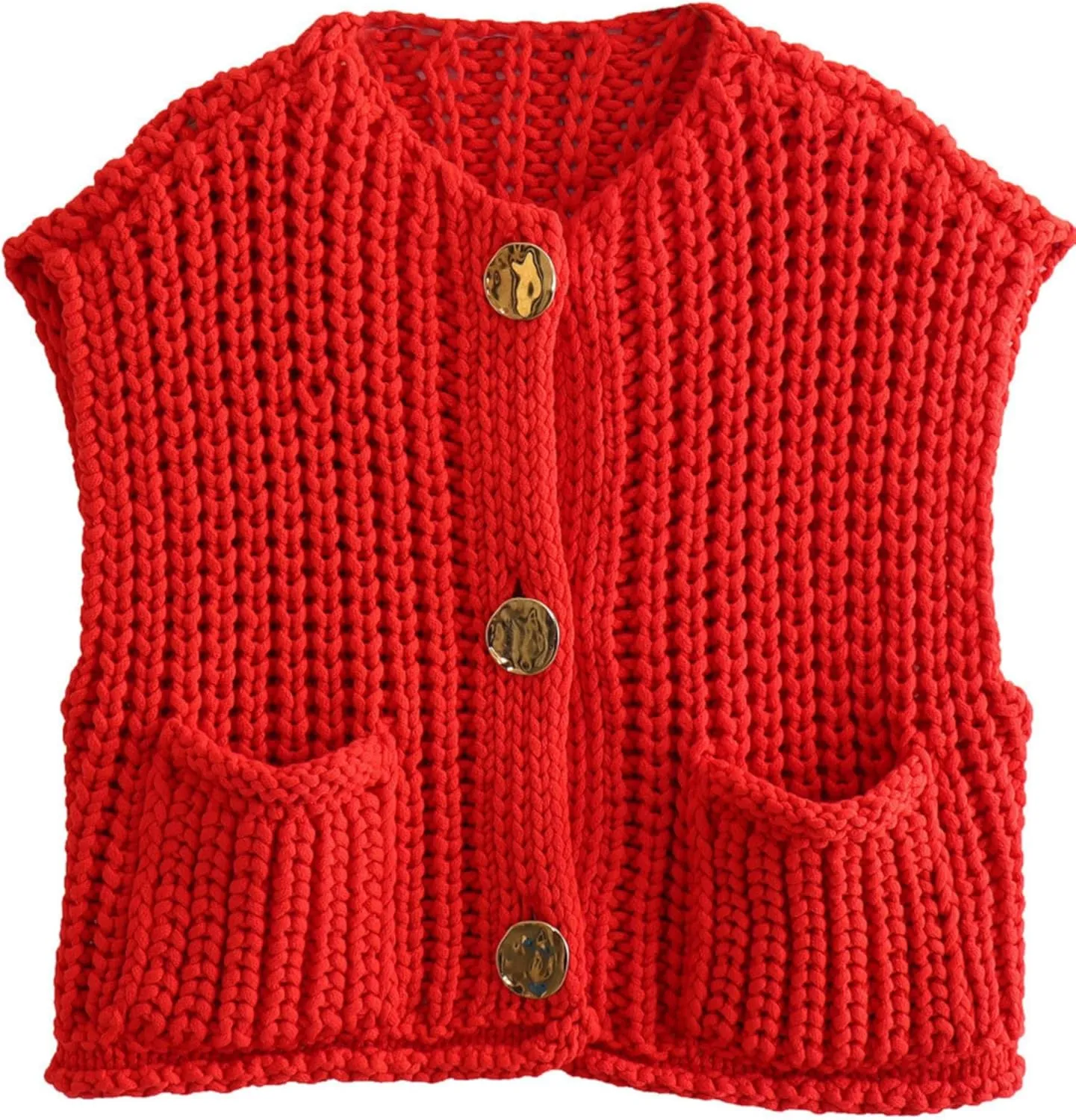 Women's Sleeveless Chunky Knit Top Casual Cropped Button Down Sweater Vest Open Front Cardigan with Pockets