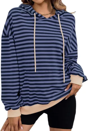 Womens Stripe Hoodies Oversized Sweatshirts Striped Color Block Drawstring Loose Pullover 2024 Fall Casual Hoodie Y2K