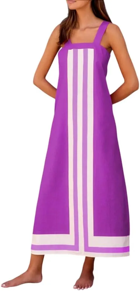 Women's Striped Maxi Dress Summer Bohemian Floral Sundress Color Block Dresses Casual Beach Casual Dress Coverups