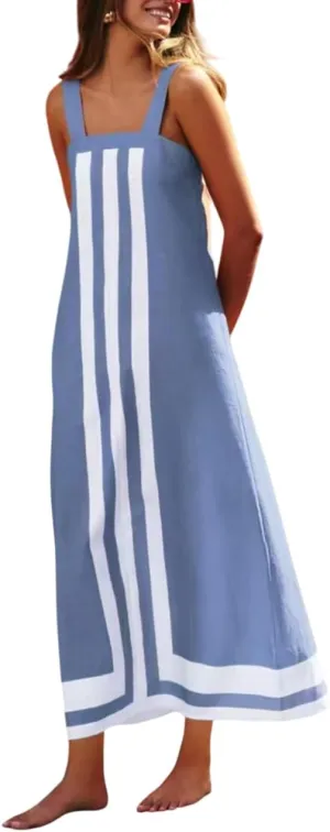 Women's Striped Maxi Dress Summer Bohemian Floral Sundress Color Block Dresses Casual Beach Casual Dress Coverups