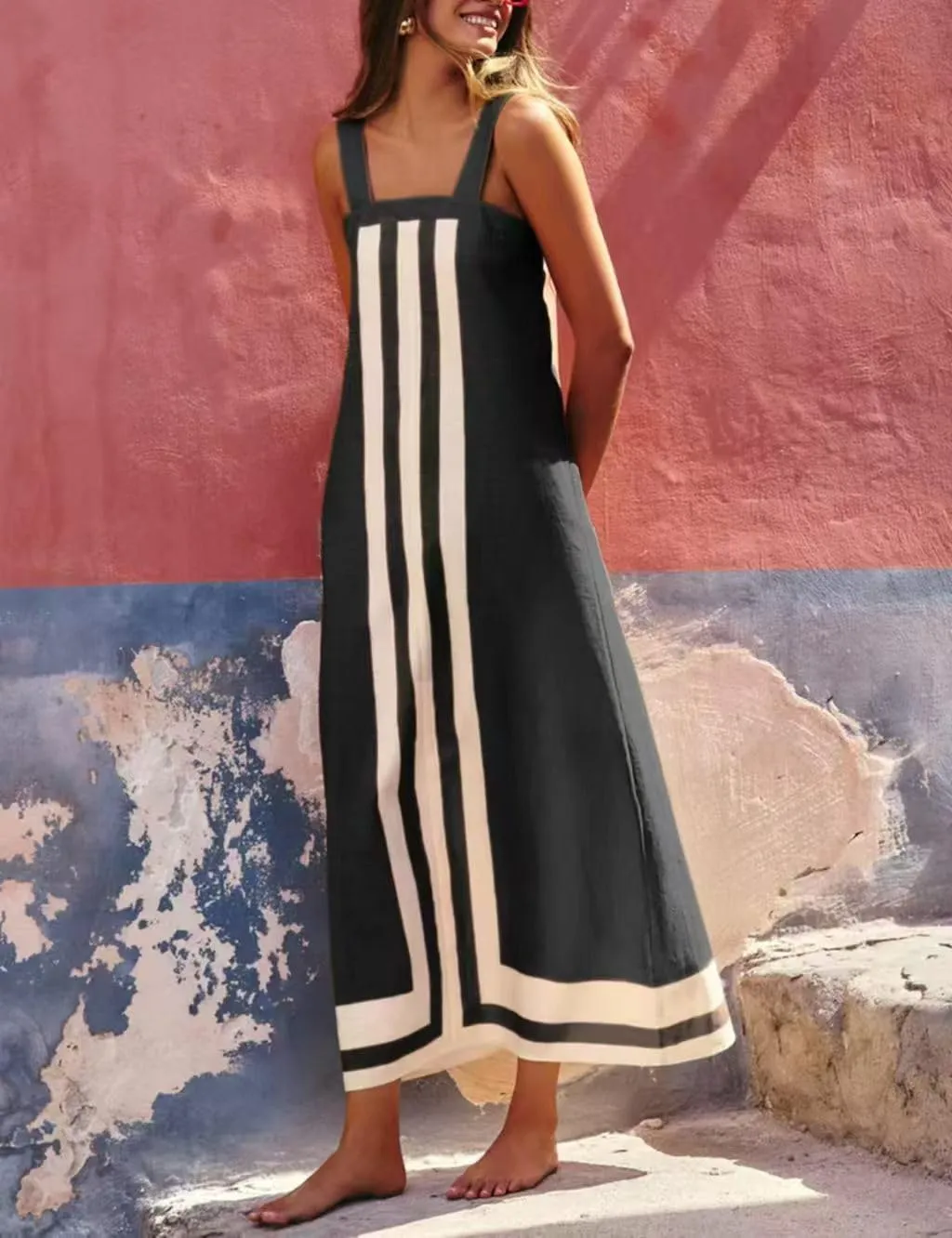 Women's Striped Maxi Dress Summer Bohemian Floral Sundress Color Block Dresses Casual Beach Casual Dress Coverups