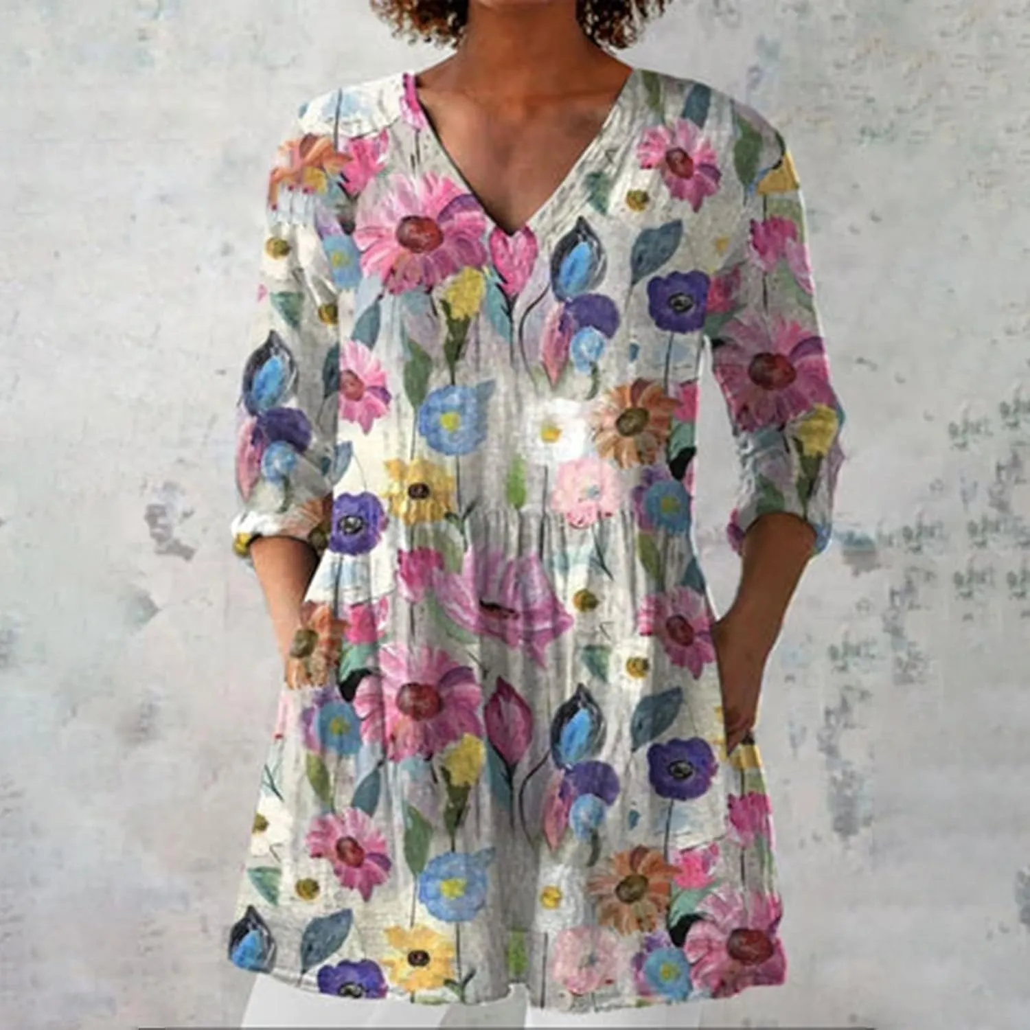Womens Summer Fall Fashion 3/4 Length Sleeve Tops V Neck Causal Floral Vintage Beach Vaction Dress Tee Shirts Blouses