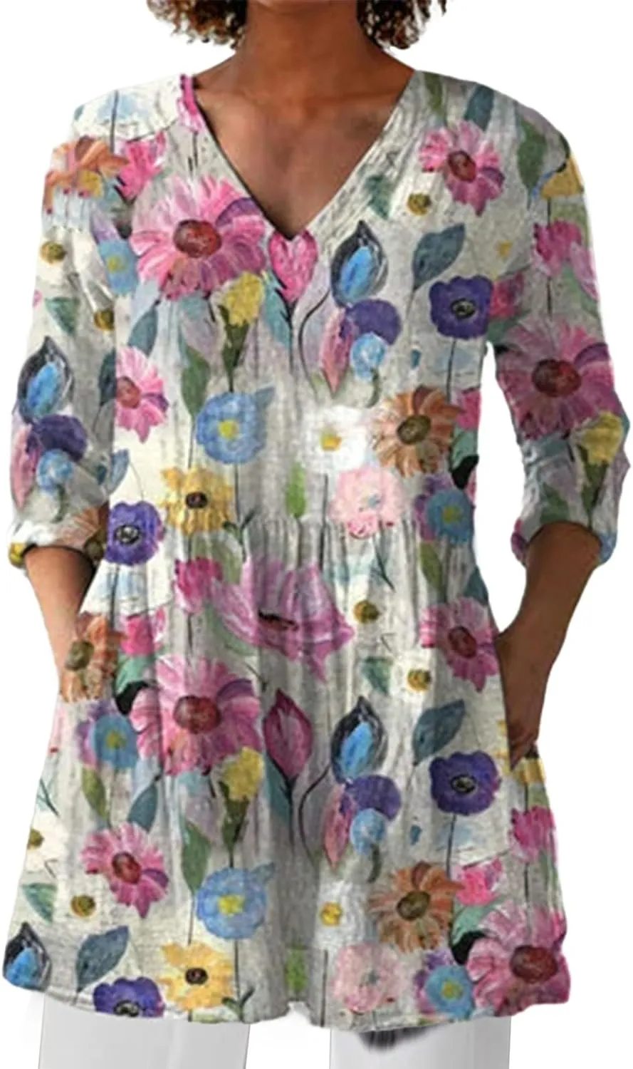 Womens Summer Fall Fashion 3/4 Length Sleeve Tops V Neck Causal Floral Vintage Beach Vaction Dress Tee Shirts Blouses