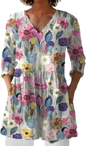 Womens Summer Fall Fashion 3/4 Length Sleeve Tops V Neck Causal Floral Vintage Beach Vaction Dress Tee Shirts Blouses