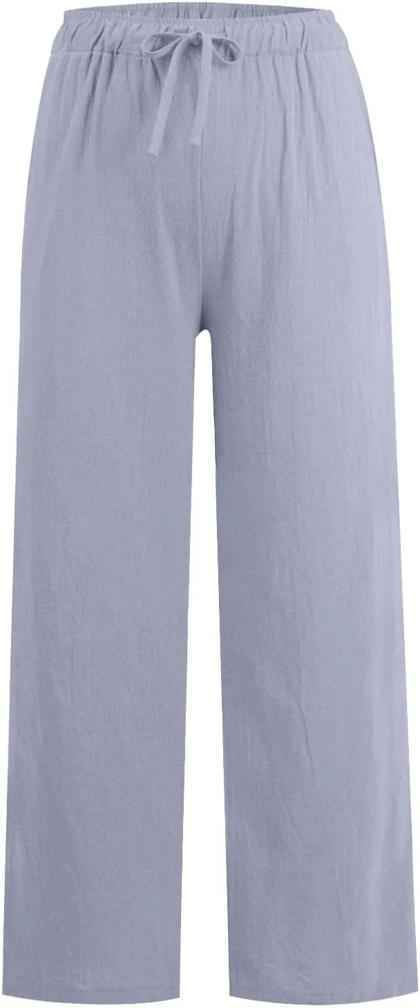 Womens Summer Fashion Linen Pants 2025 Solid Casual High Waist Loose Fit Drawstring Trousers with Pockets