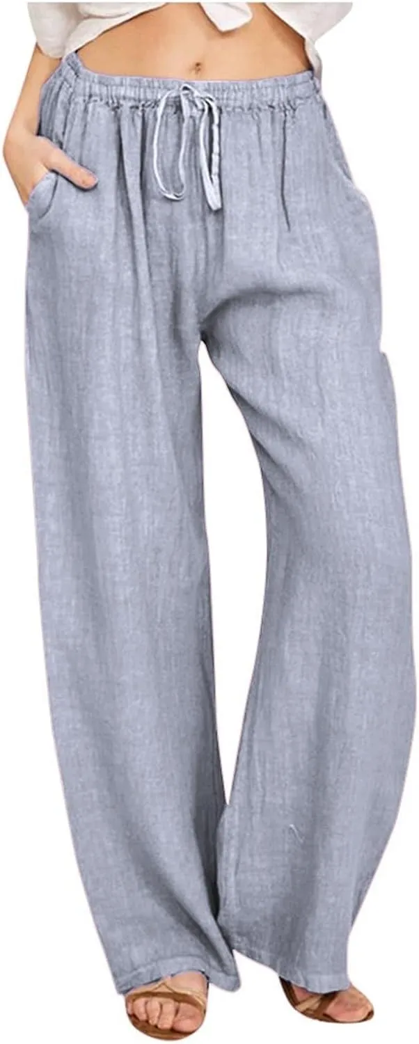 Womens Summer Fashion Linen Pants 2025 Solid Casual High Waist Loose Fit Drawstring Trousers with Pockets