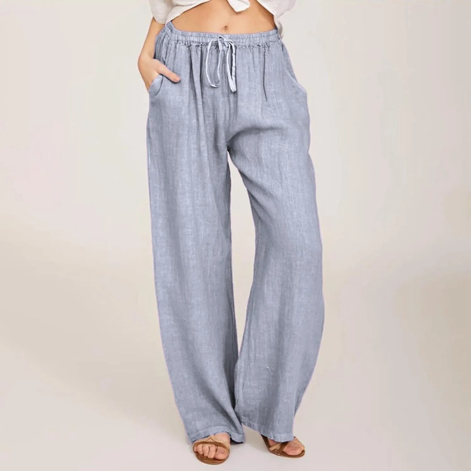 Womens Summer Fashion Linen Pants 2025 Solid Casual High Waist Loose Fit Drawstring Trousers with Pockets