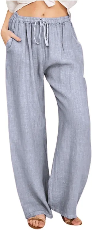 Womens Summer Fashion Linen Pants 2025 Solid Casual High Waist Loose Fit Drawstring Trousers with Pockets