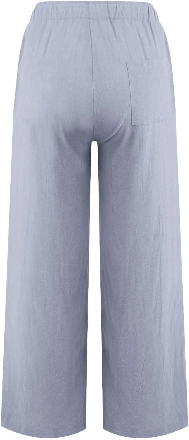 Womens Summer Fashion Linen Pants 2025 Solid Casual High Waist Loose Fit Drawstring Trousers with Pockets