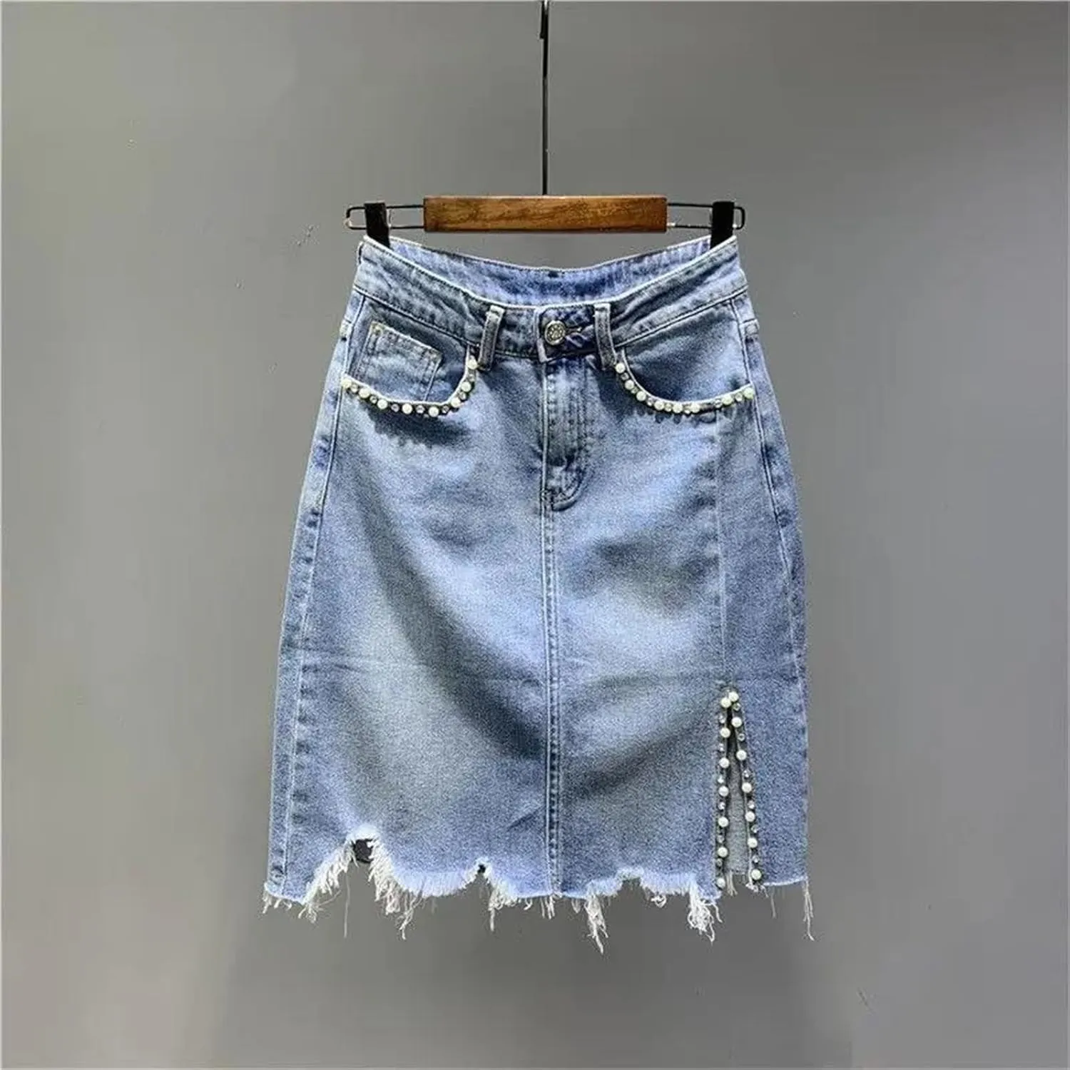 Women's Summer Irregular Casual Denim Skirts Korean High-Waisted Jeans Skirts with Pockets