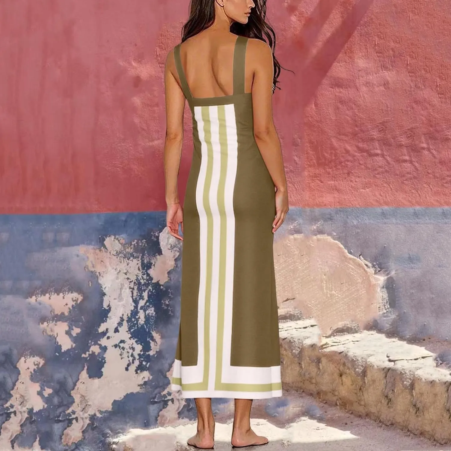 Womens Summer Maxi Dress Boho Striped Shoulder Strap Long Sundress Summer 2025 Color Blocked Beach Cover Up Dress