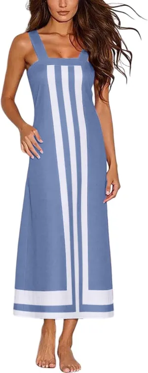 Womens Summer Maxi Dress Boho Striped Shoulder Strap Long Sundress Summer 2025 Color Blocked Beach Cover Up Dress