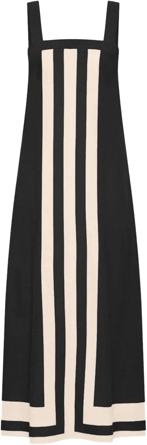 Womens Summer Maxi Dress Boho Striped Shoulder Strap Long Sundress Summer 2025 Color Blocked Beach Cover Up Dress