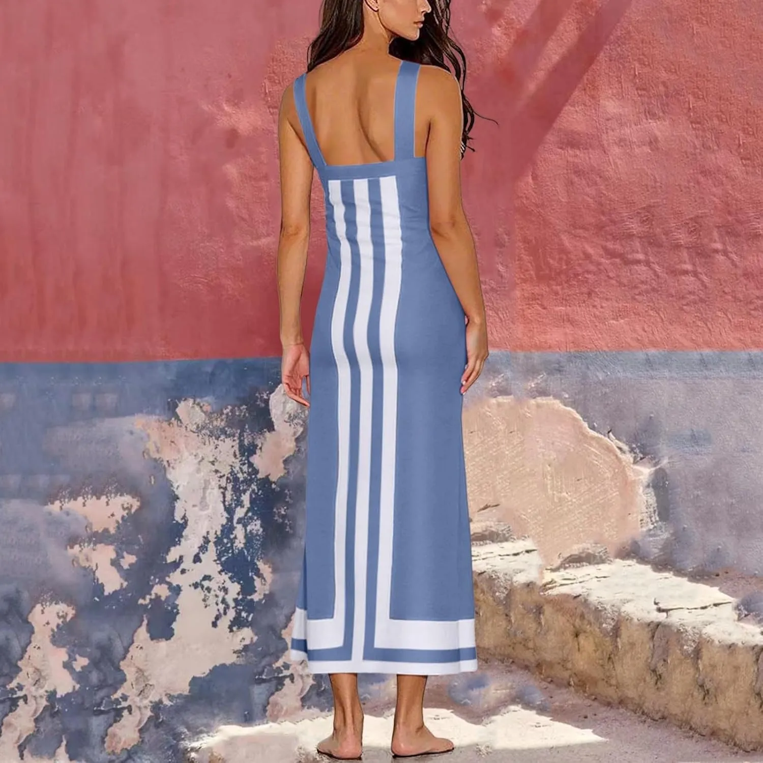 Womens Summer Maxi Dress Boho Striped Shoulder Strap Long Sundress Summer 2025 Color Blocked Beach Cover Up Dress