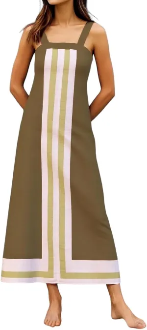 Womens Summer Maxi Dress Boho Striped Shoulder Strap Long Sundress Summer 2025 Color Blocked Beach Cover Up Dress