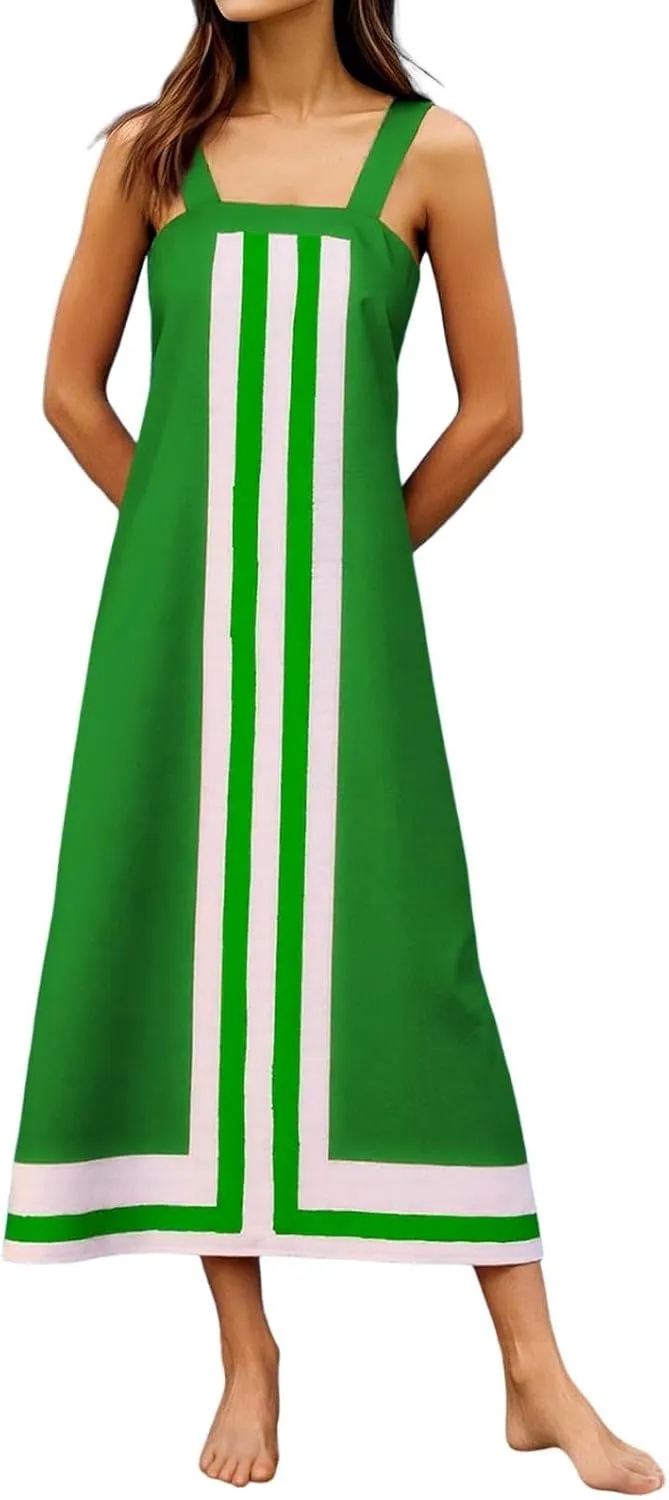 Womens Summer Maxi Dress Boho Striped Shoulder Strap Long Sundress Summer 2025 Color Blocked Beach Cover Up Dress