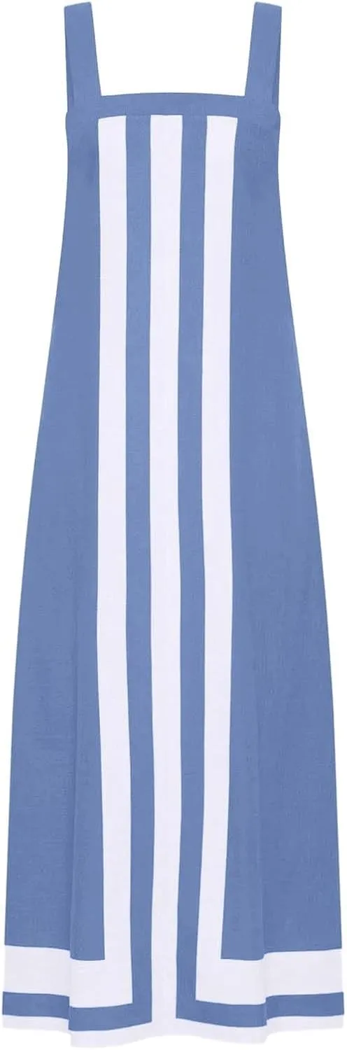 Womens Summer Maxi Dress Boho Striped Shoulder Strap Long Sundress Summer 2025 Color Blocked Beach Cover Up Dress