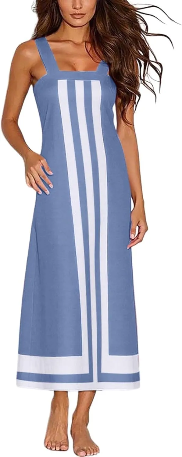 Womens Summer Maxi Dress Boho Striped Shoulder Strap Long Sundress Summer 2025 Color Blocked Beach Cover Up Dress