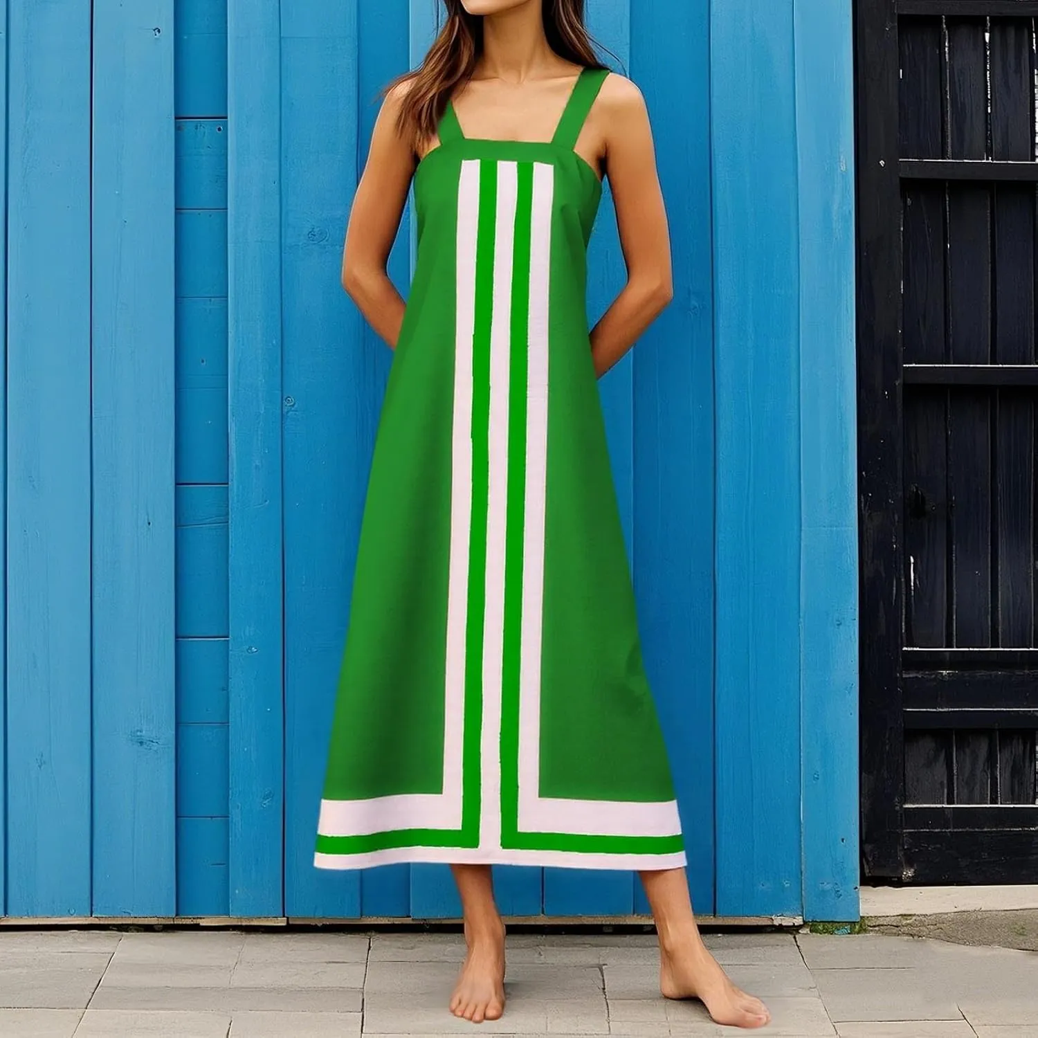 Womens Summer Maxi Dress Boho Striped Shoulder Strap Long Sundress Summer 2025 Color Blocked Beach Cover Up Dress
