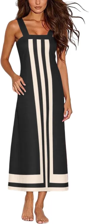 Womens Summer Maxi Dress Boho Striped Shoulder Strap Long Sundress Summer 2025 Color Blocked Beach Cover Up Dress