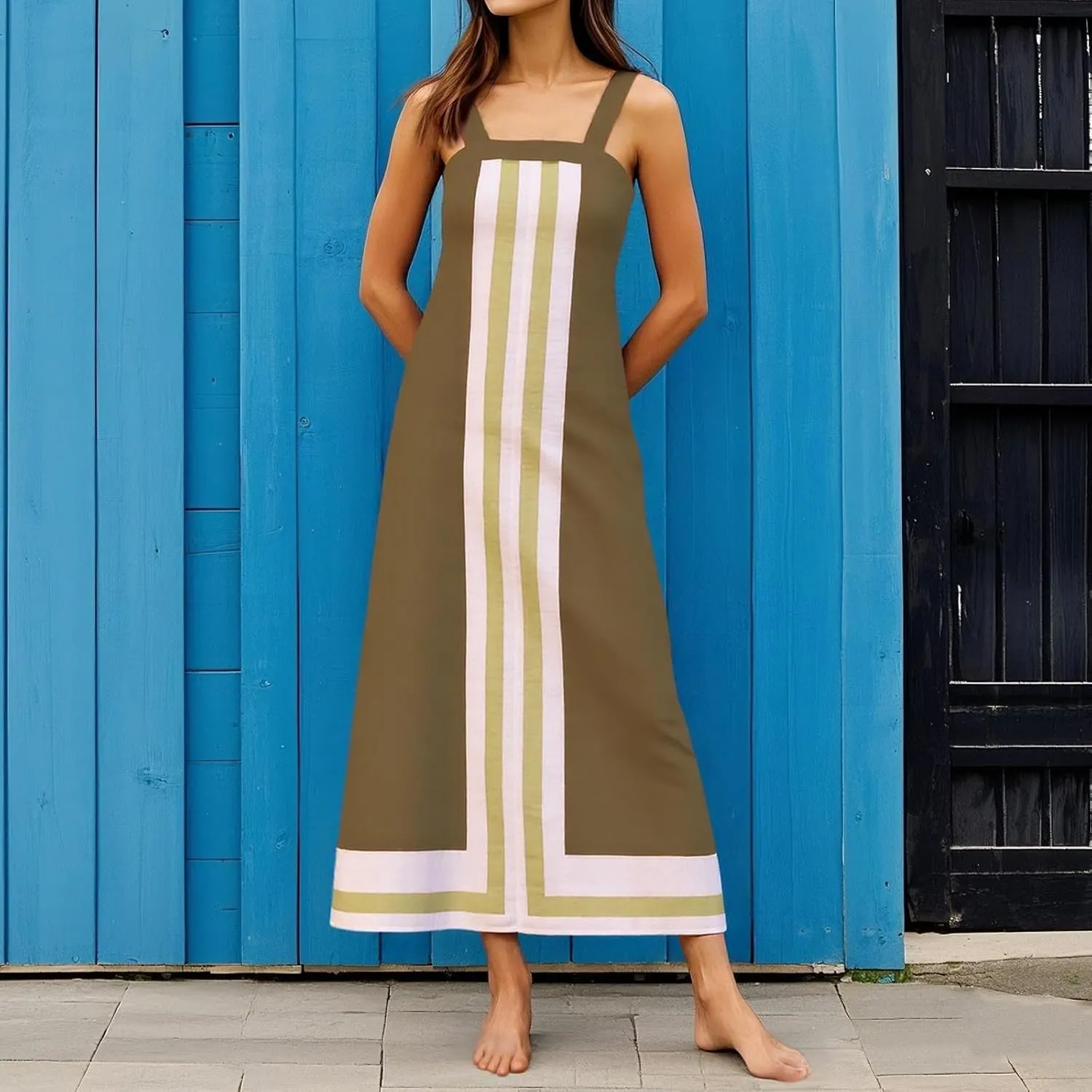 Womens Summer Maxi Dress Boho Striped Shoulder Strap Long Sundress Summer 2025 Color Blocked Beach Cover Up Dress