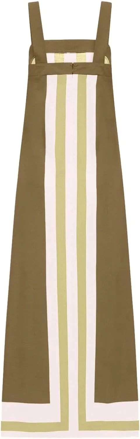 Womens Summer Maxi Dress Boho Striped Shoulder Strap Long Sundress Summer 2025 Color Blocked Beach Cover Up Dress