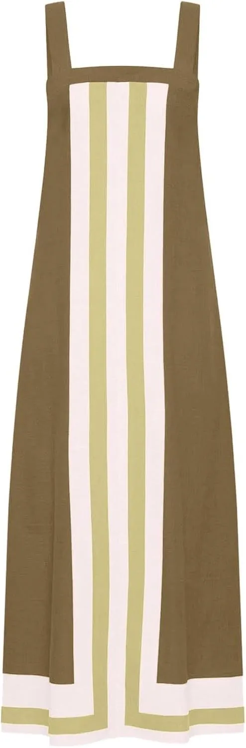 Womens Summer Maxi Dress Boho Striped Shoulder Strap Long Sundress Summer 2025 Color Blocked Beach Cover Up Dress