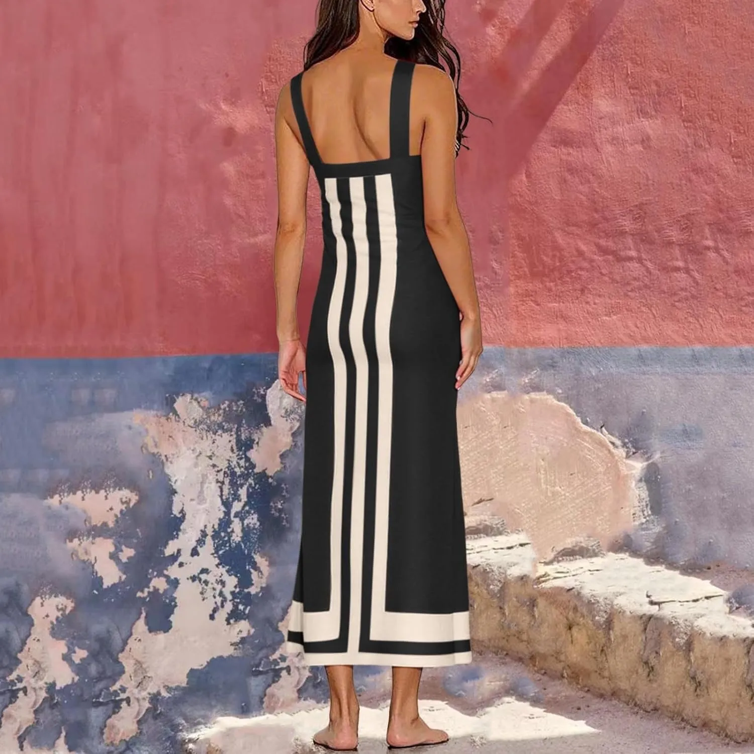 Womens Summer Maxi Dress Boho Striped Shoulder Strap Long Sundress Summer 2025 Color Blocked Beach Cover Up Dress
