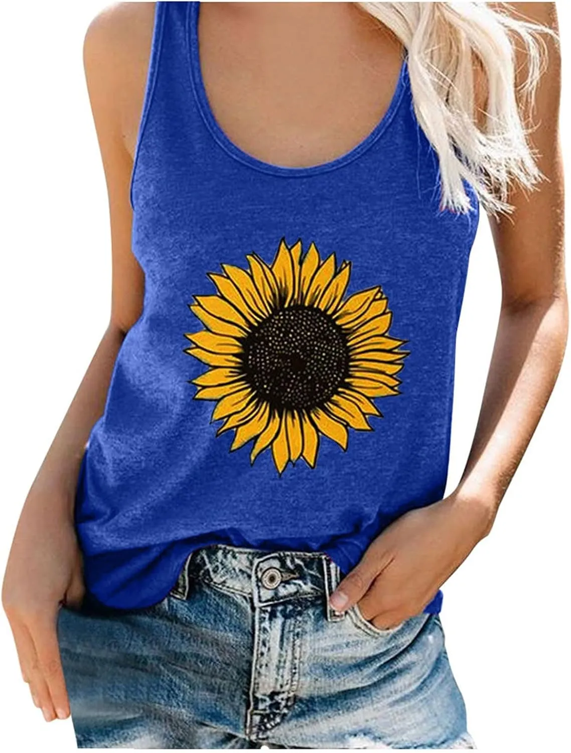 Womens Summer Sunflower Graphic Tank Tops,Daisy Sleeveless Basic Tee Shirts Letter Print T-Shirt Blouse