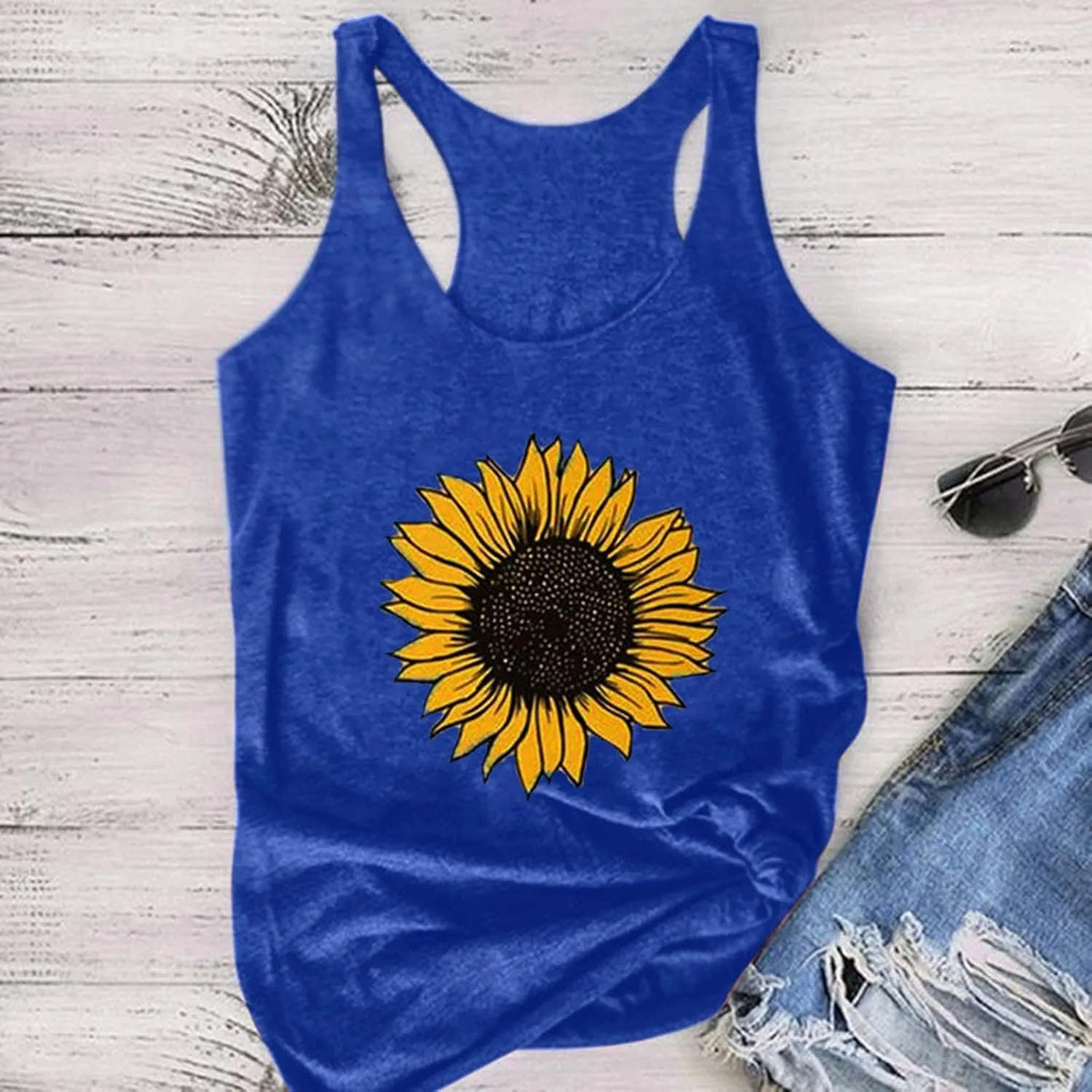 Womens Summer Sunflower Graphic Tank Tops,Daisy Sleeveless Basic Tee Shirts Letter Print T-Shirt Blouse
