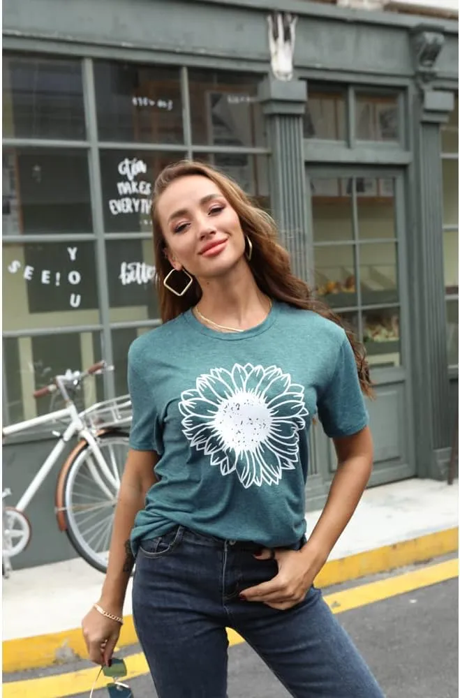 Women's Summer Sunflower T Shirt Cute Flower Graphic Loose Tees Crew Neck Short Sleeve Casual Tops