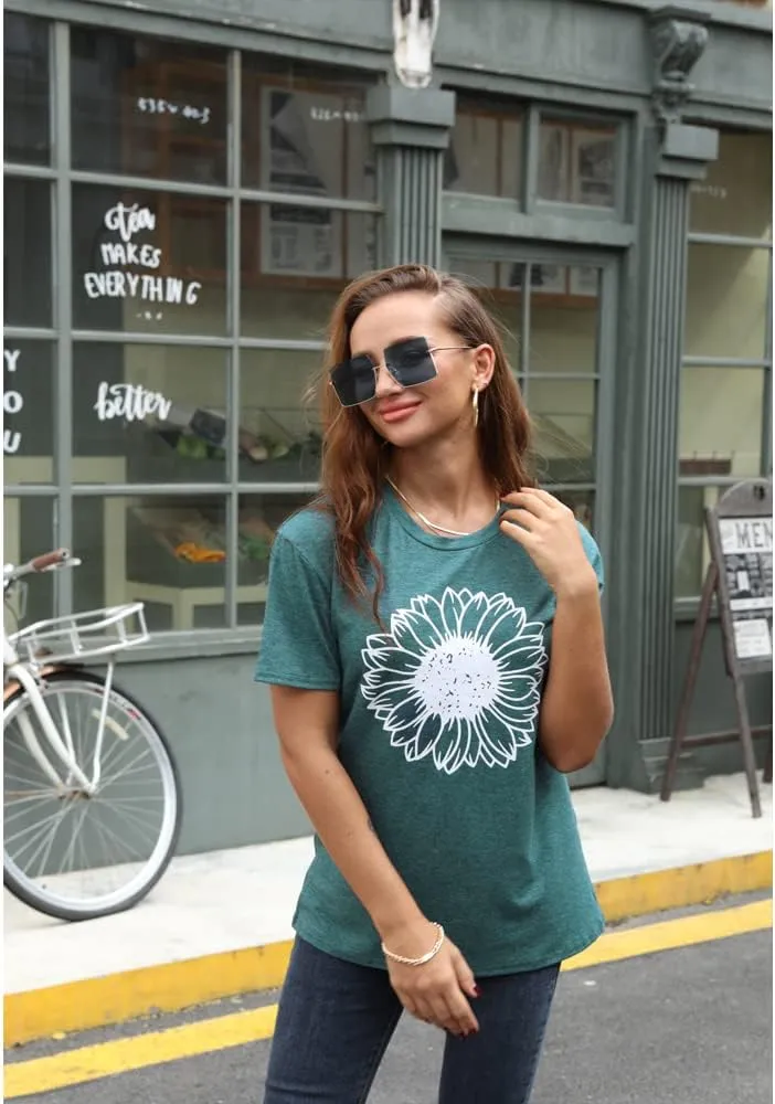 Women's Summer Sunflower T Shirt Cute Flower Graphic Loose Tees Crew Neck Short Sleeve Casual Tops