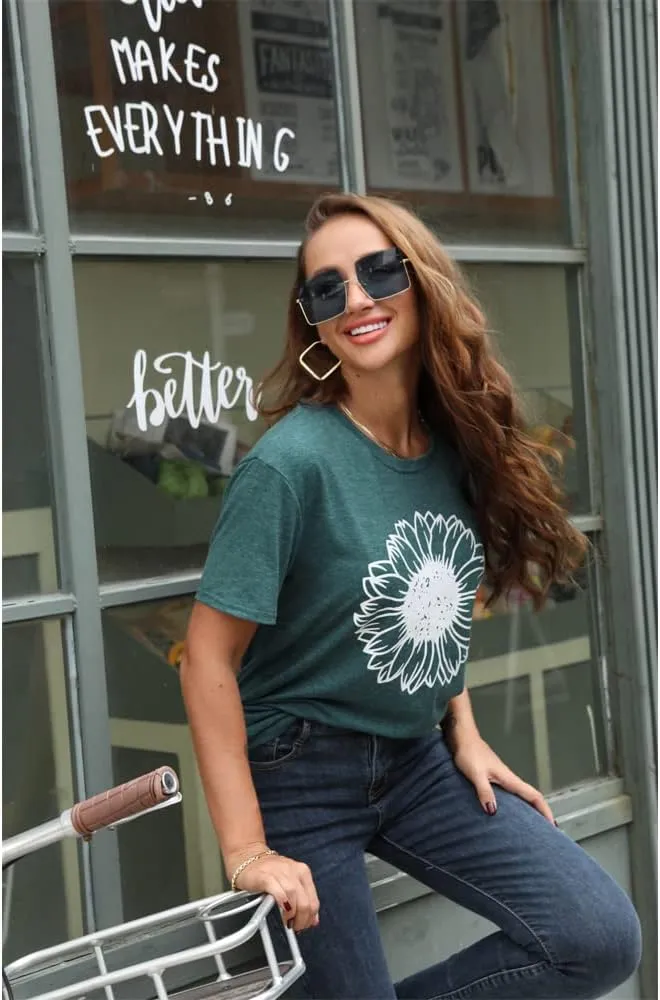 Women's Summer Sunflower T Shirt Cute Flower Graphic Loose Tees Crew Neck Short Sleeve Casual Tops